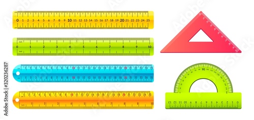 Ruler. Cartoon measuring tools with metric and inch marks, plastic geometry centimeter tape. Vector isolated set of ruler protractor and triangle, mathematics tool