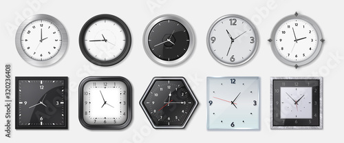 Realistic clock. Square and round metal and plastic office clocks with black and white dials and bezels. Vector wall watches with hour and minute arrows for business office on transparent background