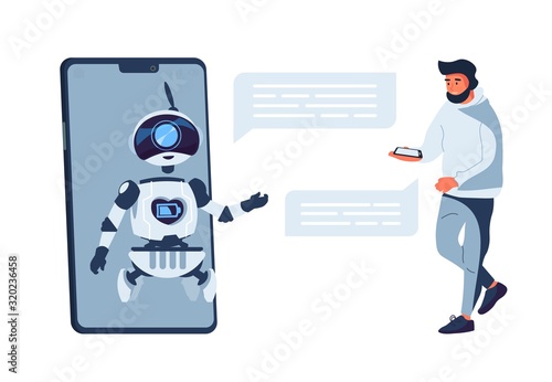 Chatbot concept. Chat bot customer support, artificial intelligence. Vector flat illustration online help service with smart assistant on smartphone screen