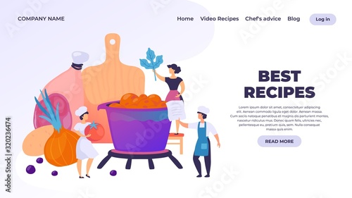 Cooking landing page. Professional chef cartoon character preparing dinner, restaurant culinary website. Vector cooking webpage or banner traditional cooking