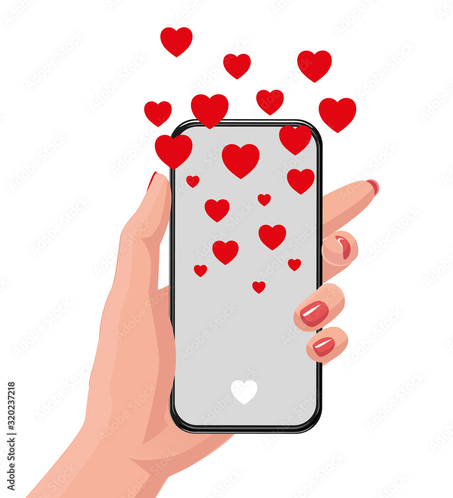 Sending love message concept. Woman hand holding smartphone with ...