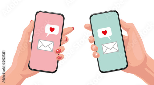 Man hand and woman hand holding smartphone with Romance App. Social Relationship Communication. Romantic messages for valentine's day. Vector illustration isolated on white background.