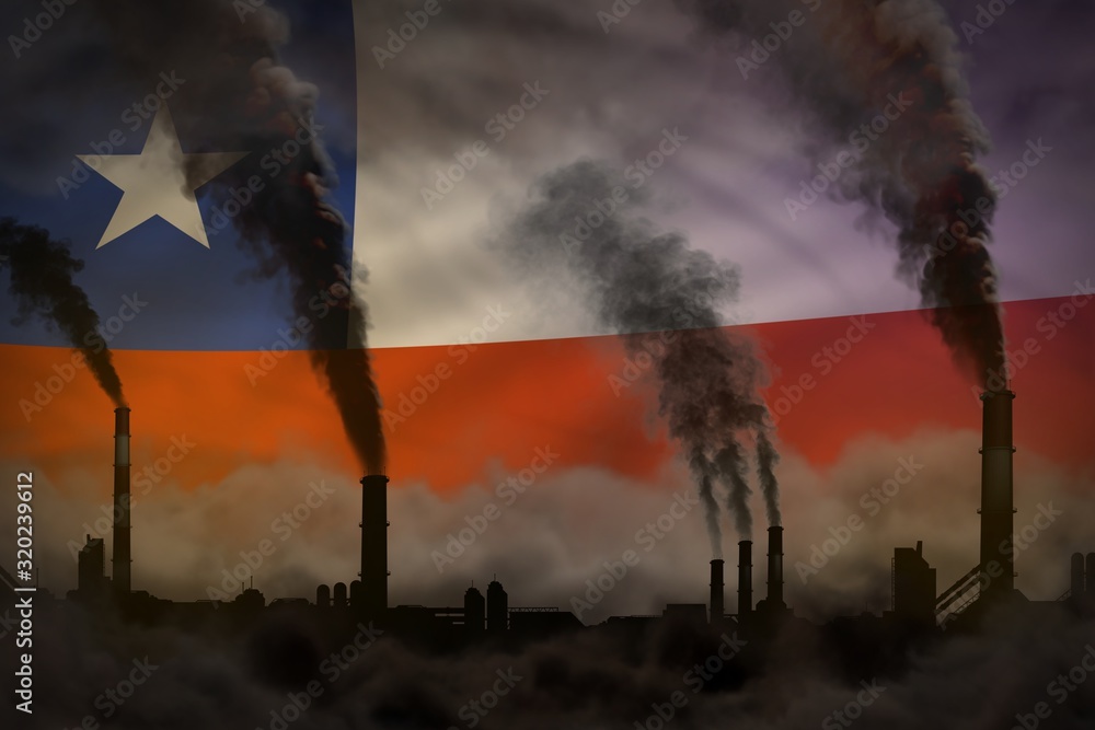 Dark pollution, fight against climate change concept - plant chimneys dense smoke on Chile flag background - industrial 3D illustration