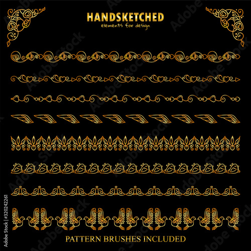 Vector set of pattern brushes, dividers in vintage style. Wave arrows, hears, doves, cute birds and flowers elements in Valentine’s day symbols. Premium gold style. Brushes included, set 5