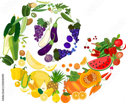 Big set of different ripe fruits and vegetables in all colors of rainbow isolated on white background