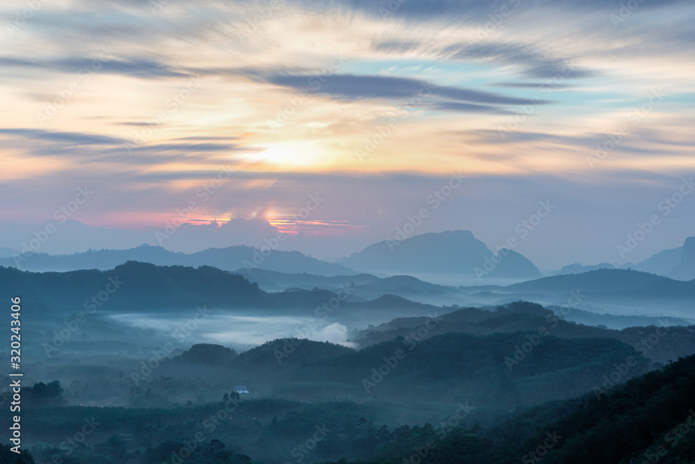 Mountain Landscape at sunrise,  with view of palm and rubber plantations, Relaxing mood, Southern of Thailand