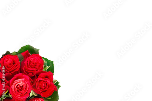 Selective focus beautiful fresh red roses flower bouquet with green leaves on white background isolated Love, texty copy sapce for valentine's day concept. photo