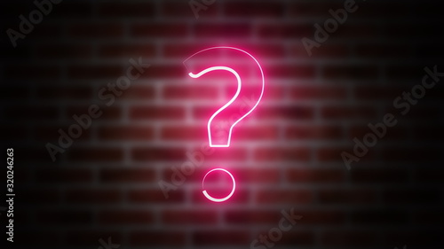 Question mark neon sign on a backdrop of brickwork, computer generated. 3d rendering of wireframe symbol with glowing laser light