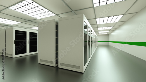 Large server room interior in datacenter, web network and internet telecommunication technology, data storage and cloud service concept, 3d rendering