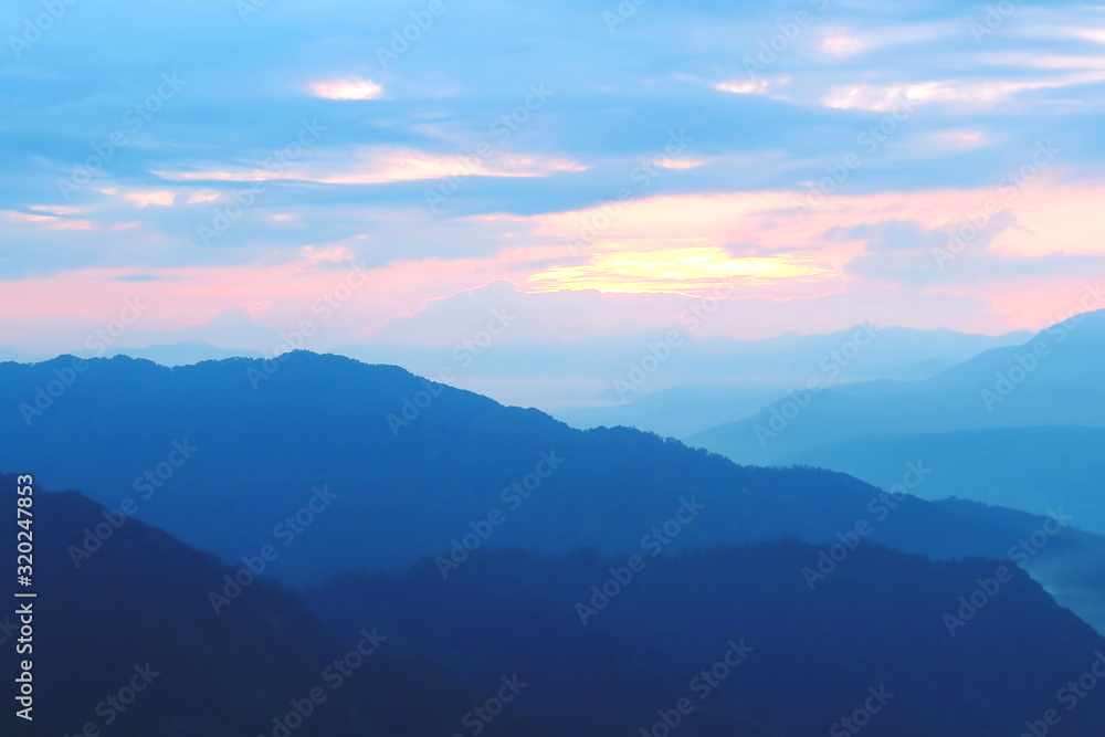 Abstract Minimalist Landscape,blue mountains sunrise scenery,conceptual background