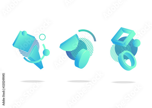 Set of abstract futuristic dynamic badges, icons or blend shapes in trendy neo mint, aqua menthe and blue colors in no gravity style
