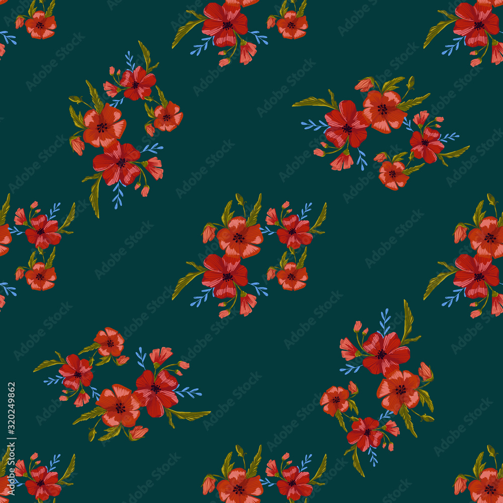  seamless pattern simple  red poppies. Scattered red flowers  vector pattern background