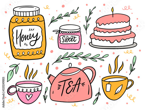 Tea party with sweet. Jar of honey, jam, cake, cup of tea and teapot. Flat vector illustration in cartoon style.