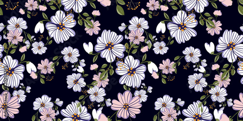 Seamless pattern with colorful hand drawn flowers. Original textile, wrapping paper, wall art surface design. Vector illustration. Floral simple minimalistic graphic design