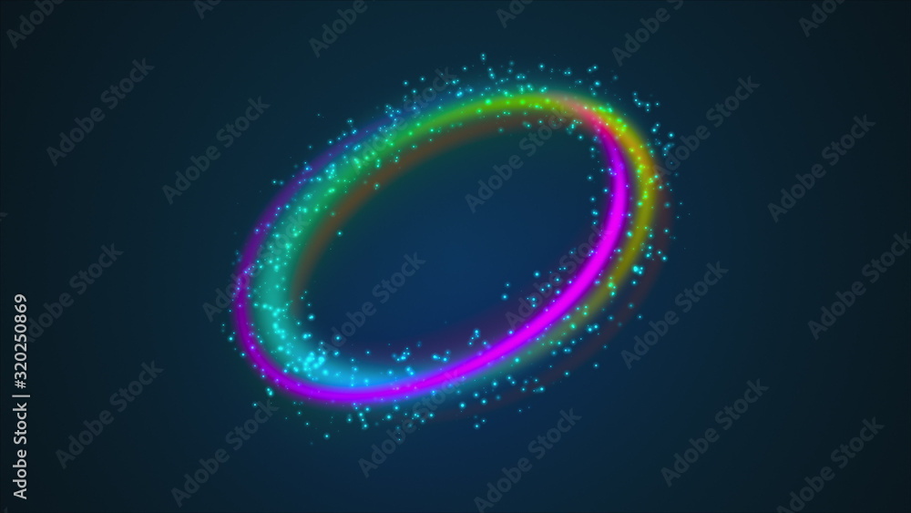 Ring shape from rainbow lines and colored luminous particles. 3d render computer generated abstract background Ring shape from rainbow lines and colored luminous particles. 3d render computer generated abstract background