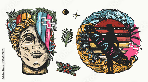Retro wave music art. Statue head and surfing woman. Nostalgic cyberpunk style, 80s and 90s pop culture. Old school color tattoo collection