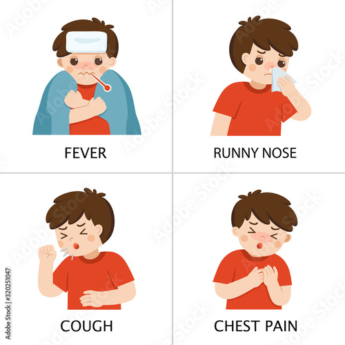 A boy get sick. He has high temperature. Boy is coughing and suffering from chest pain. Coronavirus 2019-ncov flu.Health and Medical. Vector illustration.