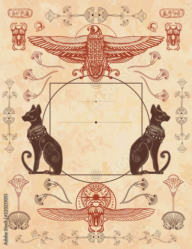 Ancient Egypt vertical background. Old paper vector. Travel and History art. Black cats and sacred scarab. Egyptian frame template