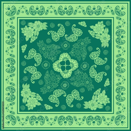 Beautiful bandana print with floral and paisley ornament in green colors. Print for scarf, shawl, kerchief.