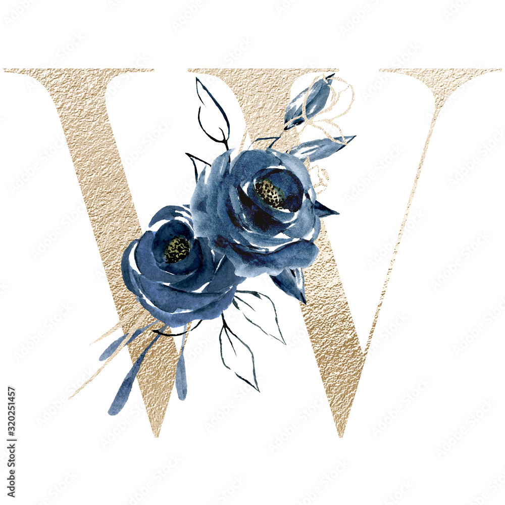W letter with blue flowers, gold monogram initial, hand drawn ...