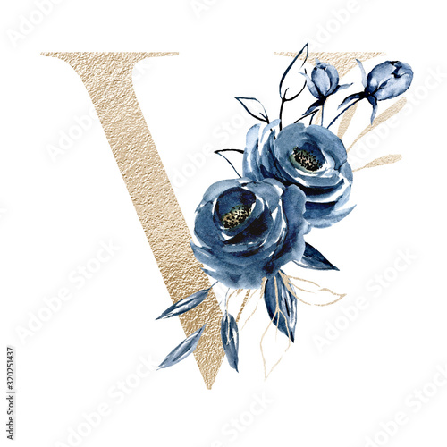 V Letter With Blue Flowers Gold Monogram Initial Hand Drawn Watercolor Painting Letterhead Isolated On White Stock Illustration Adobe Stock