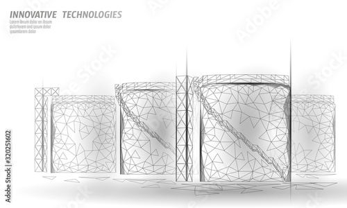 Oil tank fuel container. Gasoline refinery plant industry. Energy technology 3D low poly business concept. Chemical petrol production design vector illustration