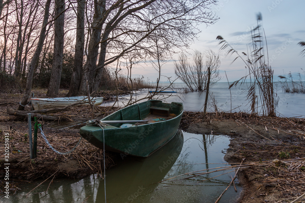 An empty little boat in Trasimeno lake (Umbria, Italy) at dusk, near a skeletal tree
