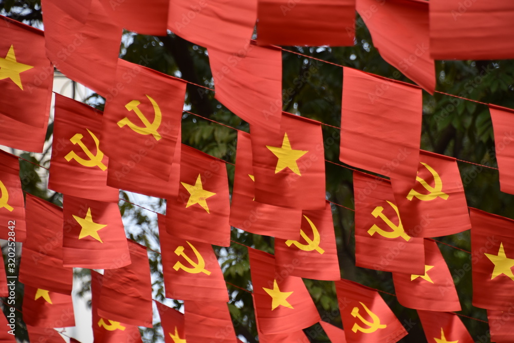 Hammer and Sickle and Vietnamese Star Pennant Flags, Hanoi, Vietnam