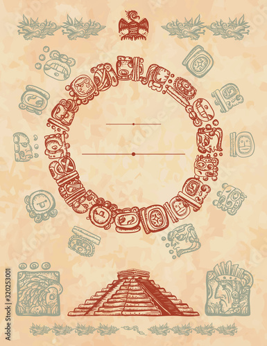 Ancient civilization vertical background. Mayan pyramids and glyphs. Historical frame, tribal ornaments. Chichen Itzá, Yucatán ruinas. Aztecs, Incas