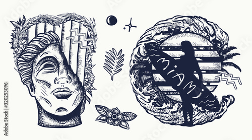 Retro wave collection. Old school tattoo. Statue head and surfing woman. Nostalgic cyberpunk style, 80s and 90s pop culture