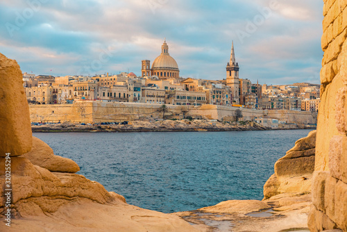 View of Valletta, Malta old town skyline from Sliema city on the other side of Marsans harbor