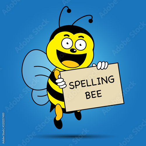 Illustration of a bee holding a board written with spelling bee