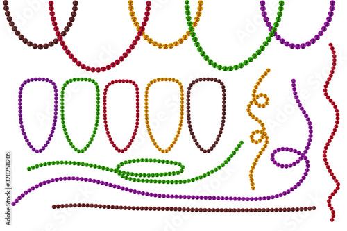 Set Mardi Gras beads isolated on white background. Multi color Mardi Gras beads in traditional colors. Decorative glossy realistic elements for celebratory design, Mardi gras decorations.Stock vector
