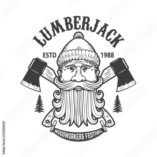 Lumberjack festival. Emblem template with lumberjack head and crossed axes. Design element for logo, label, sign, poster, banner, card. Vector illustration