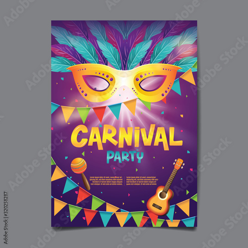 Carnival Poster , Popular Event in Brazil, Mask Festival, Colorful Party Elements ,Carnaval, Travel destination. Brazilian , Graphic Design, Typography, vector illustration