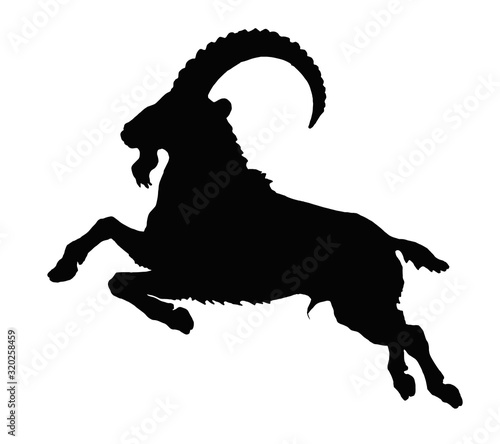 jumping Capricorn, black silhouette on a white background, isolated monochrome image