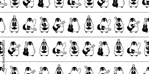 penguin Seamless pattern guitar vector music musician bass ukulele bird cartoon scarf isolated tile background repeat wallpaper doodle illustration line design