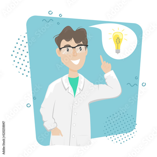 A biologist chemist in a white coat came up with the idea of an invention. Research and invention