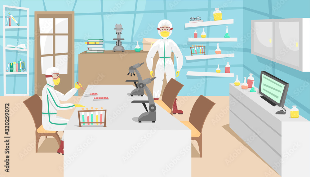 The man in the bacterial protection examines samples of the virus and developing a vaccine. Viral disease. Epidemic. The man in the bacterial protection examines samples of the virus and developing a vaccine. Viral disease. Epidemic.