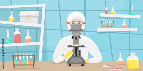 The man in the bacterial protection examines samples of the virus and developing a vaccine. Viral disease. Epidemic.