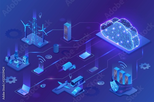 Internet of things cloud infographic, neon blue isometric 3d illustration with smart technology icons, computer network, night glowing background