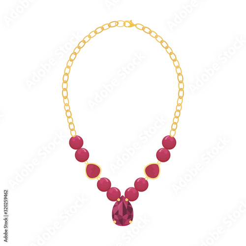 Women's necklace made of rhinestones, beads and chains. Flat vector illustration.