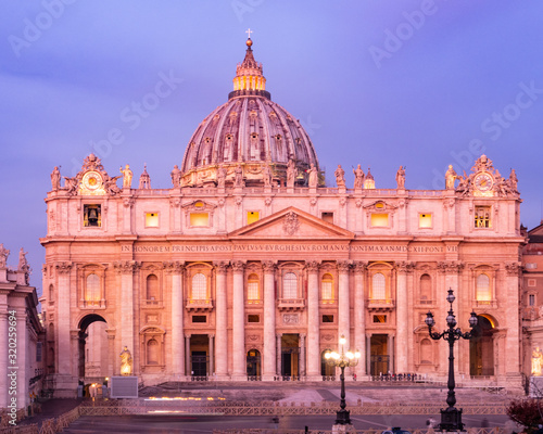 Rome, Italy - Jan 3, 2020: St. Peters Square and St. Peters Basilica at night, Vatican City, UNESCO World Heritage Site, Rome, Lazio, Italy, Europe