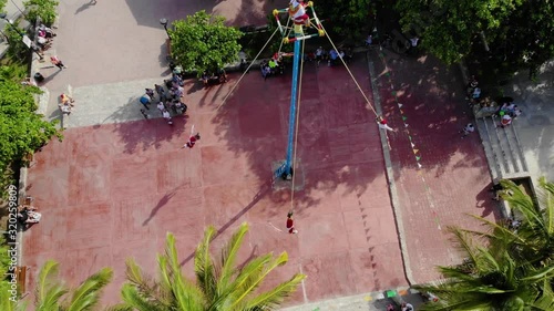 Top view drone footage of mexican voladores dance in Cancun photo