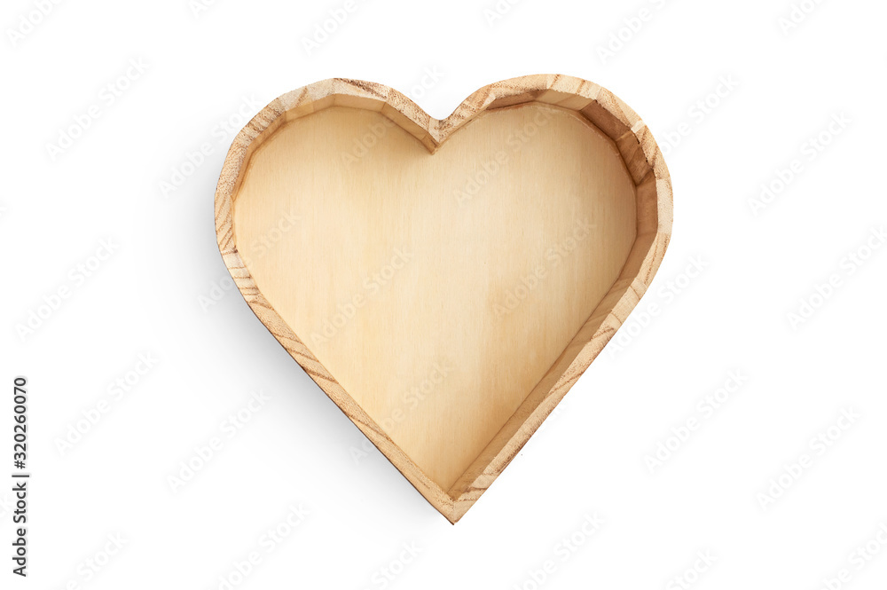Wooden heart shaped box on white. Top view. Wooden heart shaped box on white. Top view.