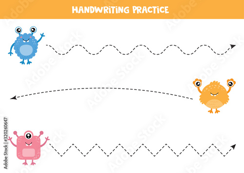 Handwriting practice for kids. Set of cute monsters.