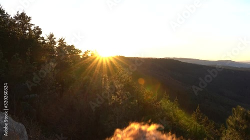 A man sits on the edge of a cliff and watches the sunset behind the forest trees photo