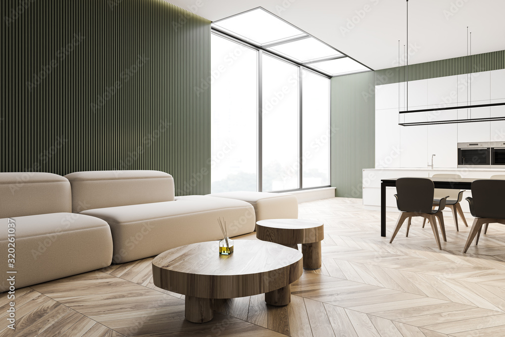 Fototapeta premium Green living room and kitchen interior
