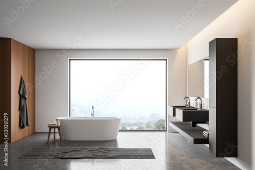 White and wooden panoramic bathroom interior