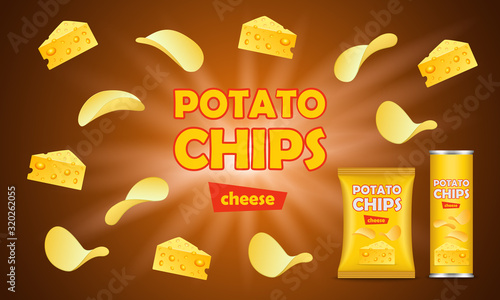 Chips potato concept background. Realistic illustration of chips potato vector concept background for web design
